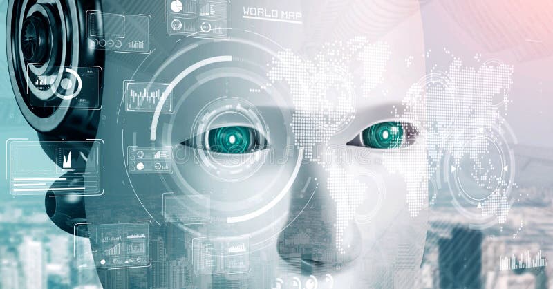 Robot hominoid face close up with graphic concept of big data analytic stock illustration