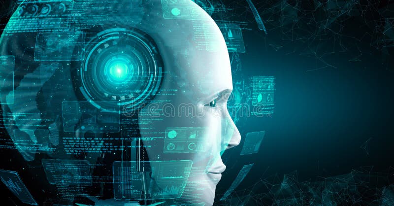 Robot hominoid face close up with graphic concept of big data analytic vector illustration
