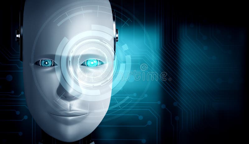 Robot humanoid face close up with graphic concept of AI thinking brain royalty free illustration