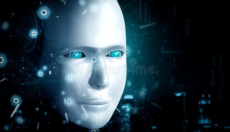 Robot humanoid face close up with graphic concept of AI thinking brain stock illustration