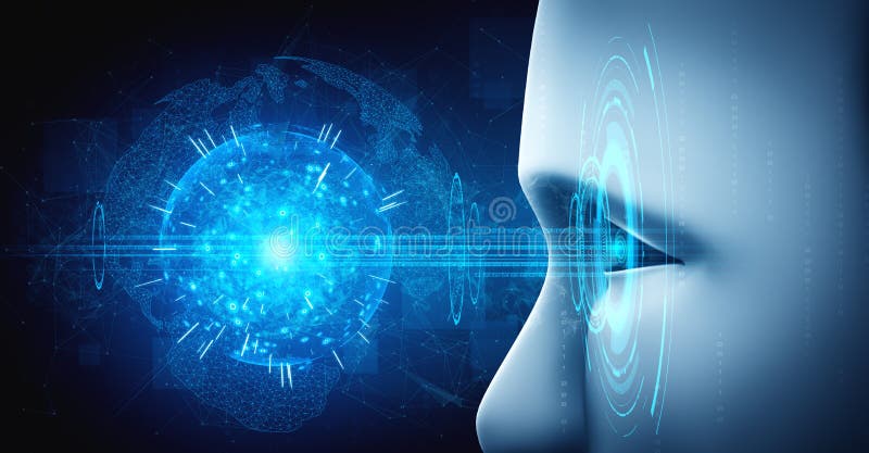 Robot humanoid face close up with graphic concept of AI thinking brain royalty free illustration