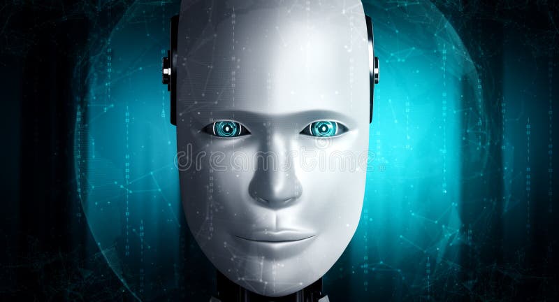 Robot humanoid face close up with graphic concept of AI thinking brain vector illustration