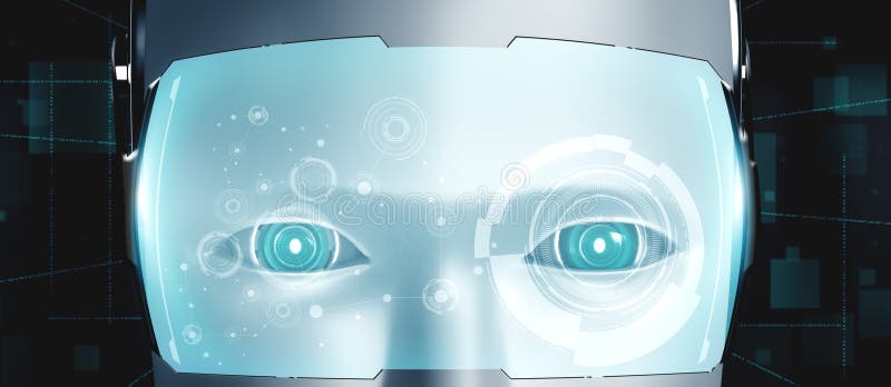Robot humanoid face close up with graphic concept of AI thinking brain vector illustration