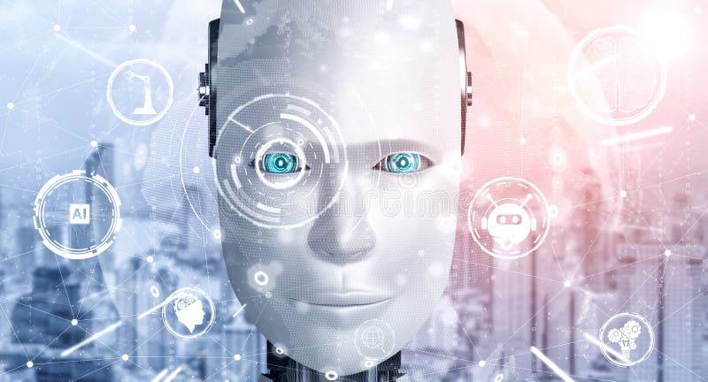 Robot humanoid face close up with graphic concept of AI thinking brain stock illustration