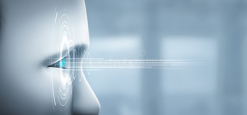 Robot humanoid face close up with graphic concept of AI thinking brain vector illustration