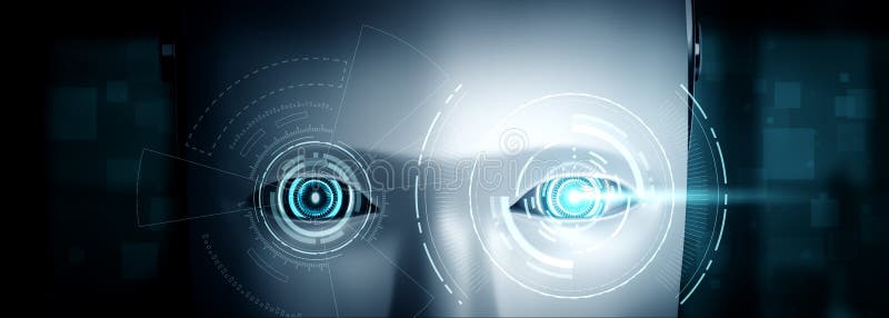 Robot humanoid face close up with graphic concept of AI thinking brain vector illustration