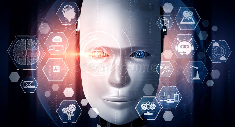 Robot humanoid face close up with graphic concept of AI thinking brain vector illustration