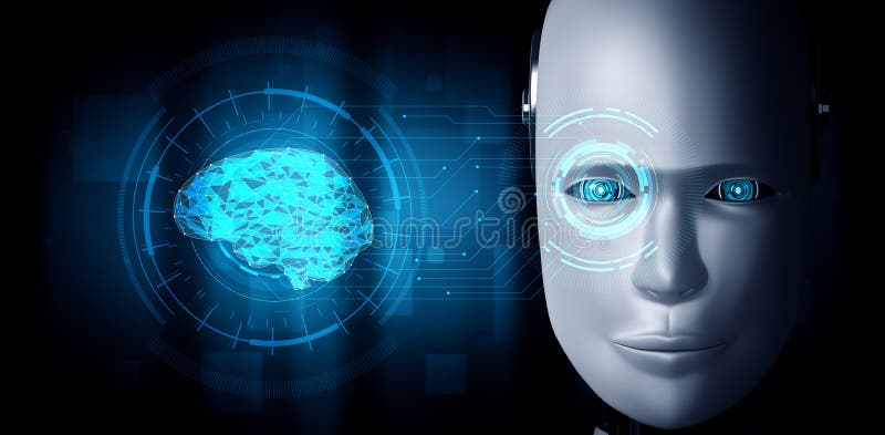 Robot humanoid face close up with graphic concept of AI thinking brain stock illustration