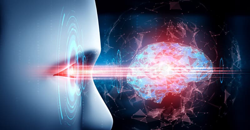Robot humanoid face close up with graphic concept of AI thinking brain stock illustration