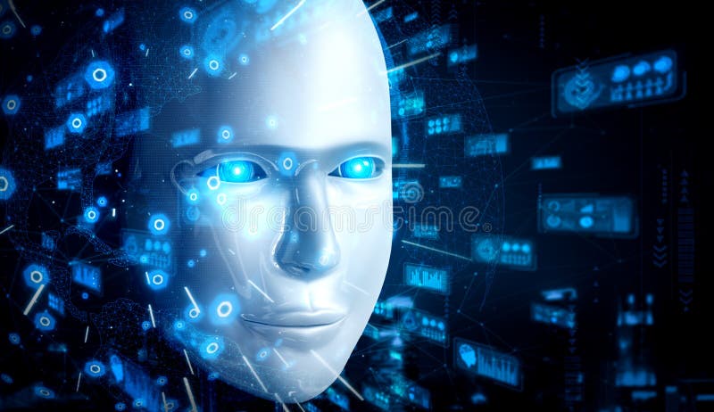 Robot humanoid face close up with graphic concept of big data analytic stock illustration