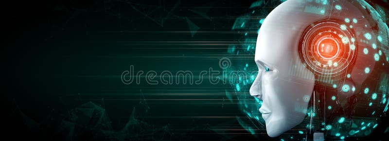 Robot humanoid face close up with graphic concept of big data analytic royalty free illustration