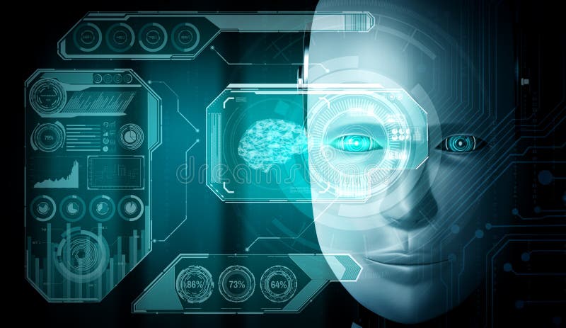 Robot humanoid face close up with graphic concept of big data analytic royalty free illustration