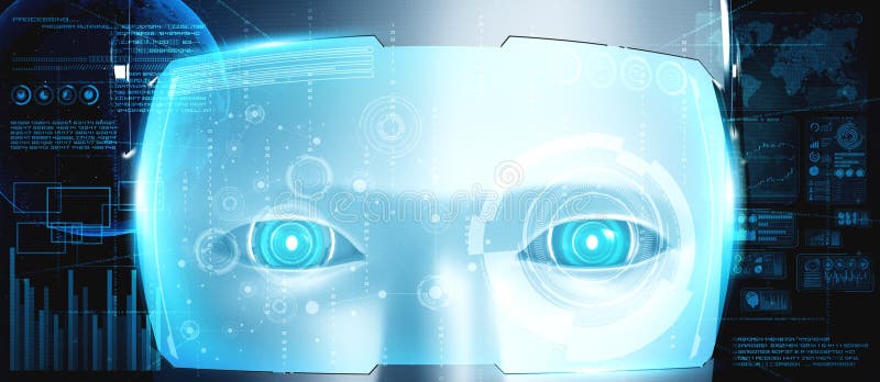 Robot humanoid face close up with graphic concept of big data analytic stock illustration