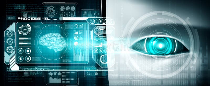 Robot humanoid face close up with graphic concept of big data analytic royalty free illustration