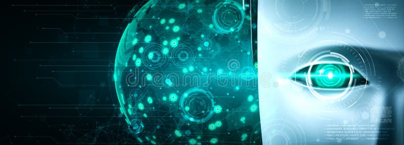 Robot humanoid face close up with graphic concept of big data analytic vector illustration