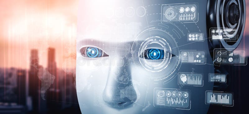 Robot humanoid face close up with graphic concept of big data analytic vector illustration