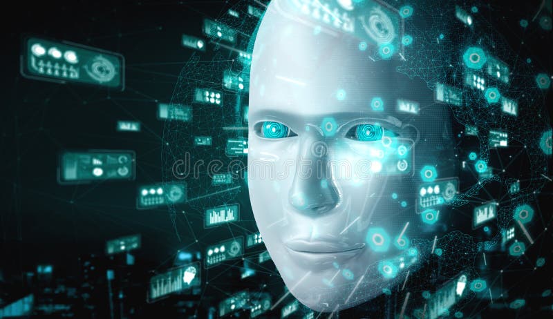 Robot humanoid face close up with graphic concept of big data analytic vector illustration