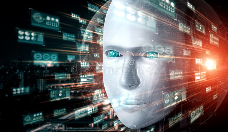 Robot humanoid face close up with graphic concept of big data analytic stock illustration