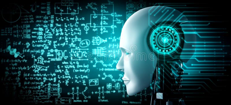 Robot humanoid face close up with graphic concept of engineering science study vector illustration