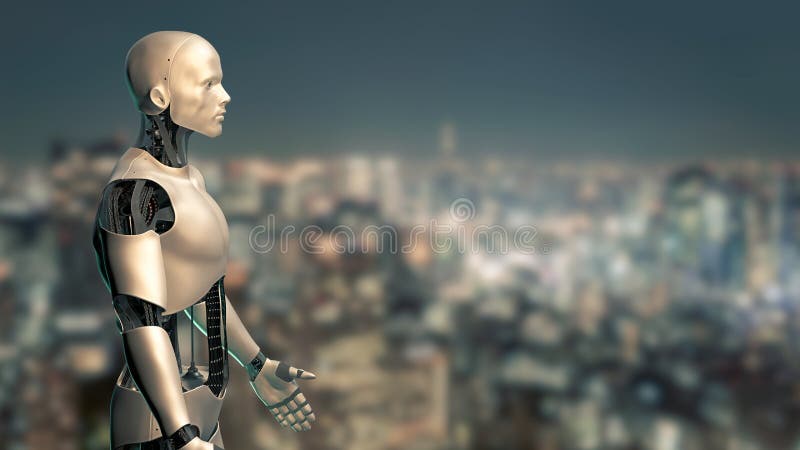 Robot, humanoid machine using artificial intelligence in city enviroment stock illustration Robot, humanoid machine using artificial intelligence in city enviroment stock illustration