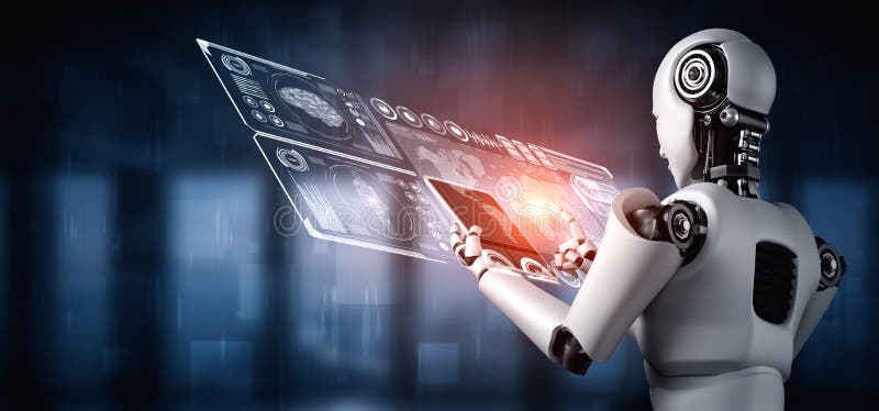 Robot humanoid using tablet computer for big data analytic vector illustration