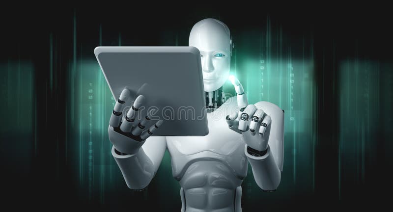 Robot humanoid using tablet computer in future office vector illustration