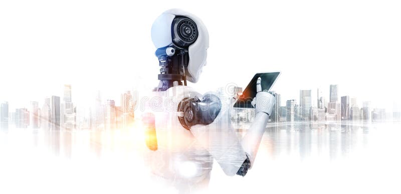 Robot humanoid using tablet computer in future office vector illustration