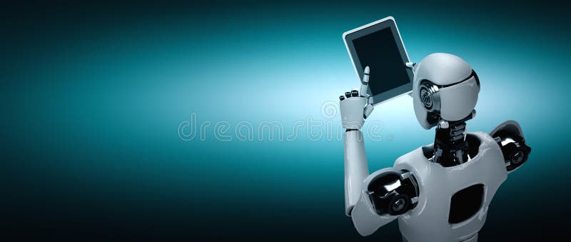 Robot humanoid using tablet computer in future office while using AI thinking brain , artificial intelligence and machine learning process. 4th fourth industrial revolution 3D illustration.