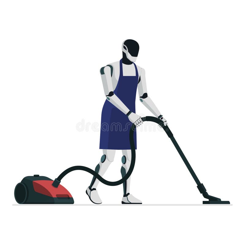 Robot humanoidalny czyszczący podłogę przy użyciu odkurzacza ilustracja wektor