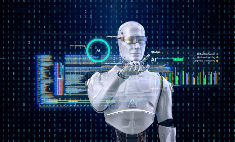 Robot humanoidalny lub cyborg z wirtualnym wyświetlaczem graficznym ilustracja wektor
