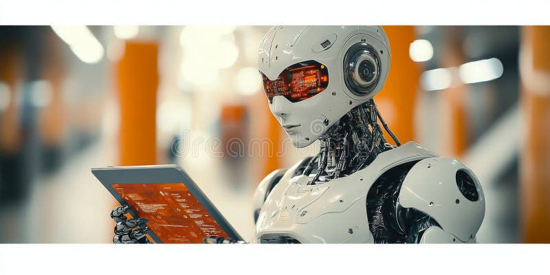 Robot humanoidalny odczytujący dane z tabletu cyfrowego w futurystycznych warunkach. Zaawansowany robot humanoidalny analizujący dane na tablecie cyfrowym prezentujący przyszłość sztucznej inteligencji i automatyzacji
