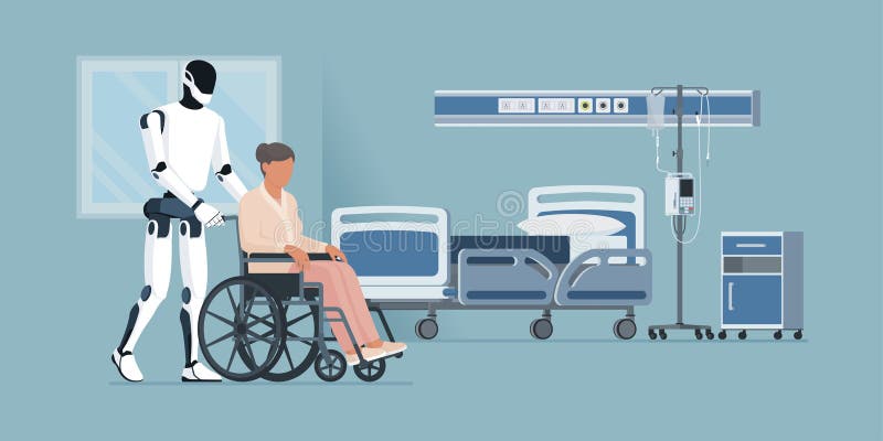 Robot humanoidalny pomagający starszej osobie na wózku inwalidzkim ilustracji