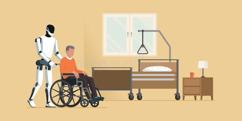 Robot humanoidalny pomagający starszej osobie na wózku inwalidzkim ilustracja wektor