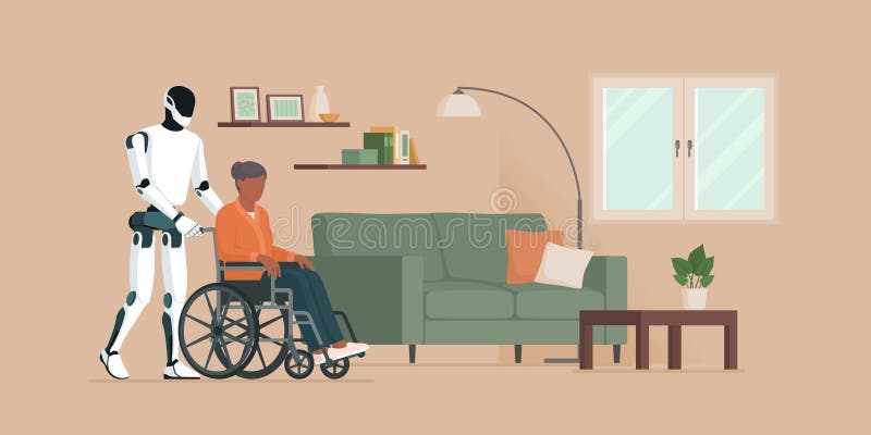 Robot humanoidalny pomagający starszej osobie na wózku inwalidzkim ilustracja wektor