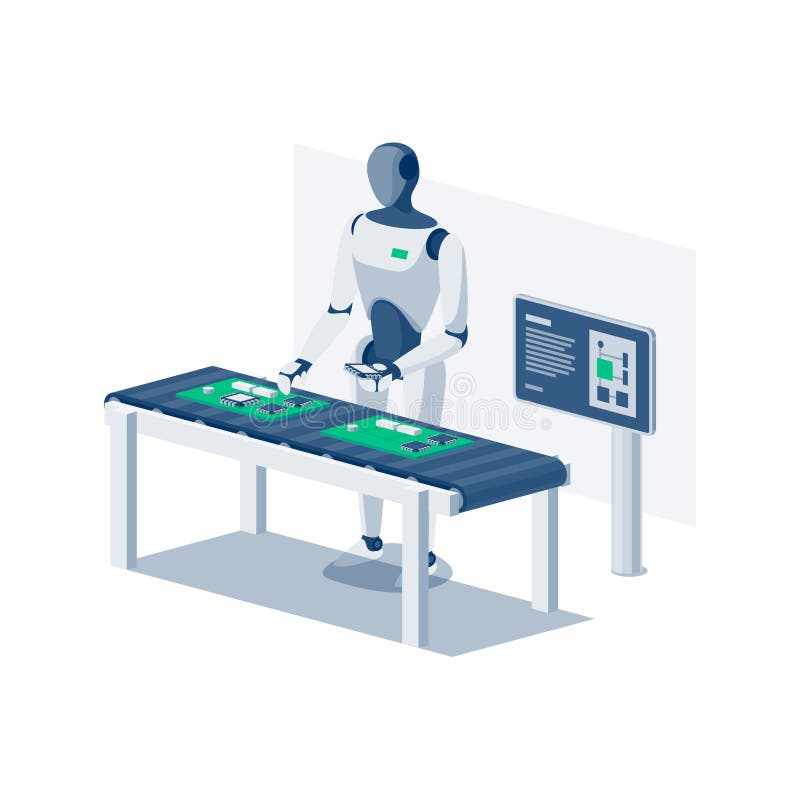 Robot humanoidalny pracujący na linii montażowej przy przenośniku taśmowym ilustracji
