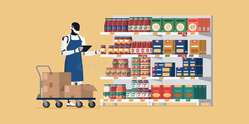 Robot humanoidalny pracujący w supermarkecie royalty ilustracja