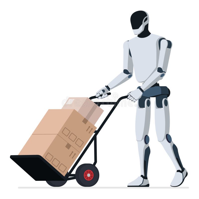 Robot humanoidalny przenosi pudełka za pomocą wózka ręcznego ilustracji