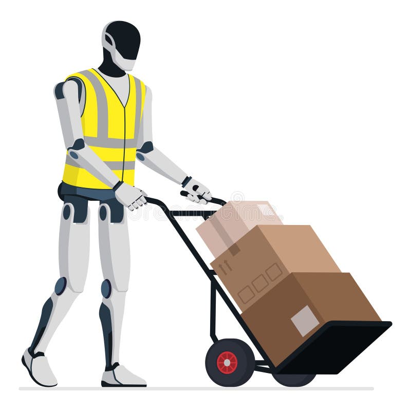 Robot humanoidalny przenosi pudełka za pomocą wózka ręcznego royalty ilustracja