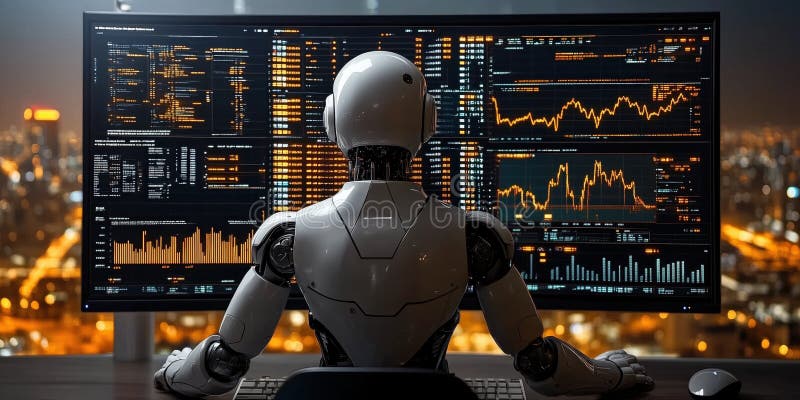 Robot humanoide analizando datos en múltiples pantallas de computadora en oficina futurista ilustración del vector