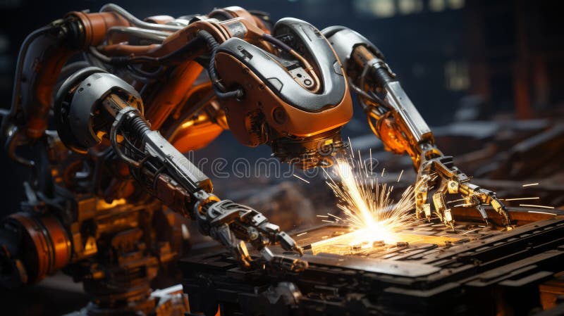 Robot industrial realizando soldadura precisa en exteriores de nave espacial en una instalación de alta tecnología. Un robot industrial avanzado utiliza la tecnología de soldadura para unir partes de una nave espacial en el exterior dentro de un entorno de fabricación de borde