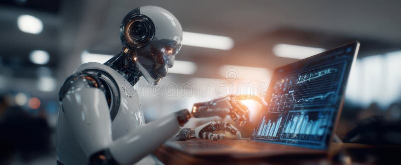 The robot interacting with digital data on a futuristic workspace.. image stock photography.