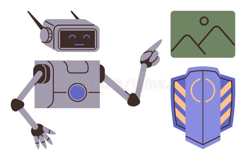 Robot pointing at a digital image and shield symbol, representing technology and security concepts stock illustration