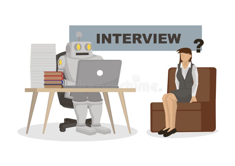 Robot interviewing an office worker. Depicts automation, future job market and artificial intelligence royalty free illustration Robot interviewing an office worker. Depicts automation, future job market and artificial intelligence royalty free illustration