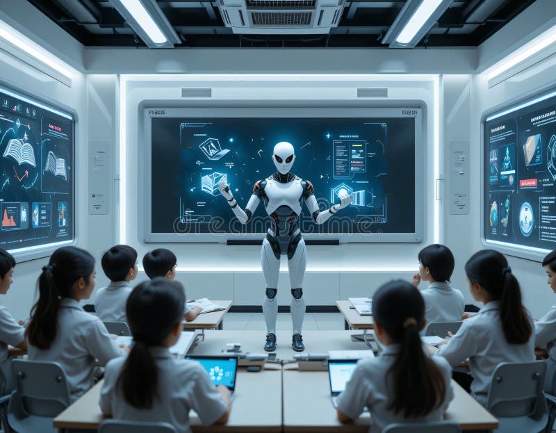 Robot Invatatoare In Sala De Clasa Futuristica Cu Studenti royalty free illustration