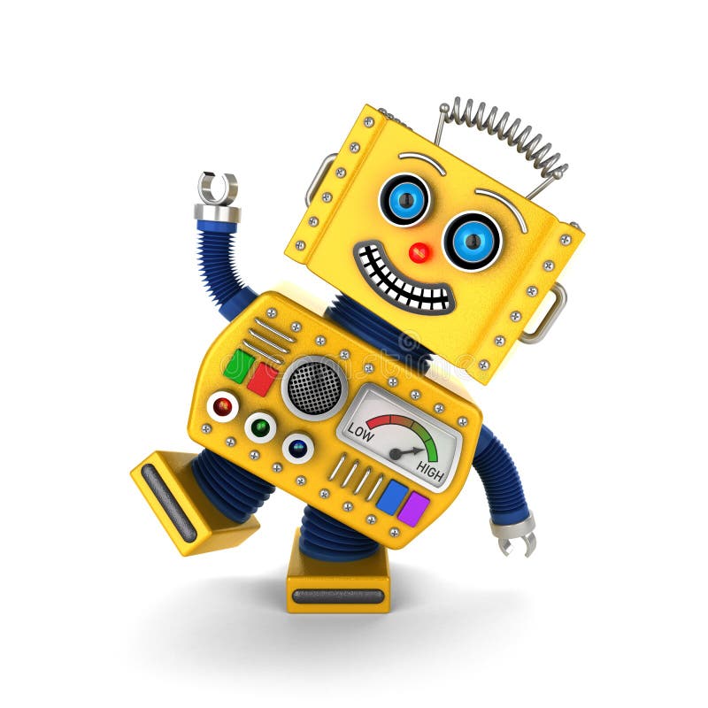 Robot jaune de jouet de vintage ratant son coup autour illustration de vecteur Robot jaune de jouet de vintage ratant son coup autour illustration de vecteur