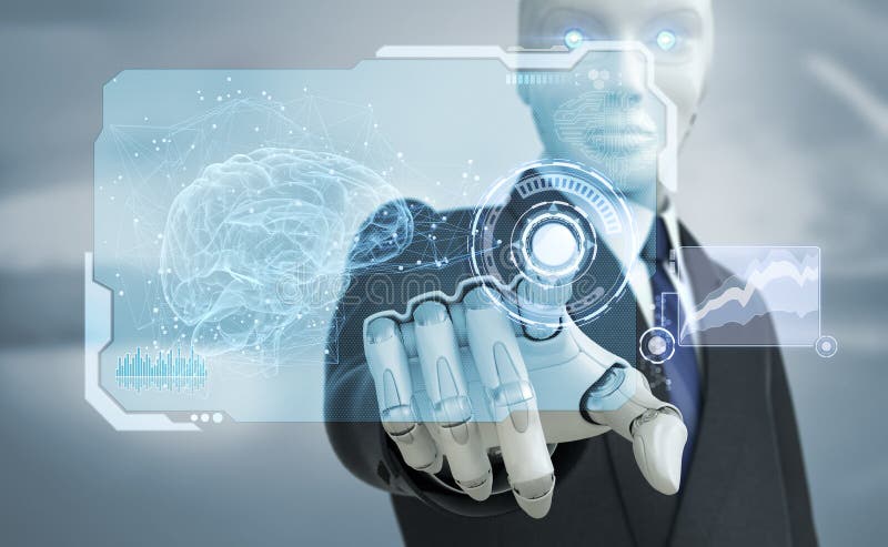 Robot in kostuum die met high-tech touchscreen werken stock illustratie Robot in kostuum die met high-tech touchscreen werken stock illustratie