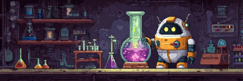 Robot Scientist Conducts Experiments in a Colorful Laboratory Filled With Glassware stock photography