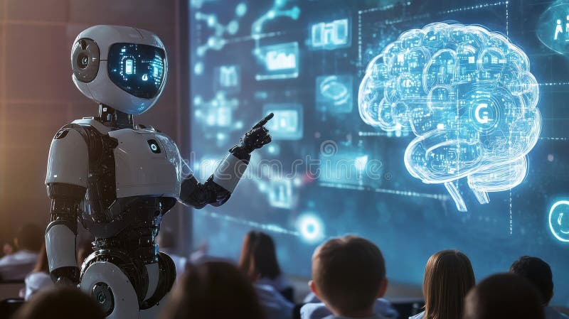 Robot lecturer demonstrating brain hologram to students royalty free stock photos