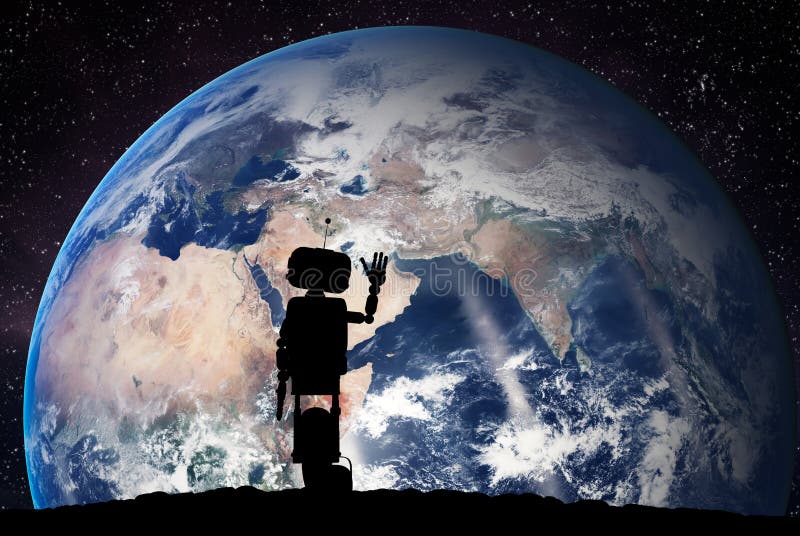Robot looking on the planet Earth from space. Technology concept, artificial intelligence royalty free stock images
