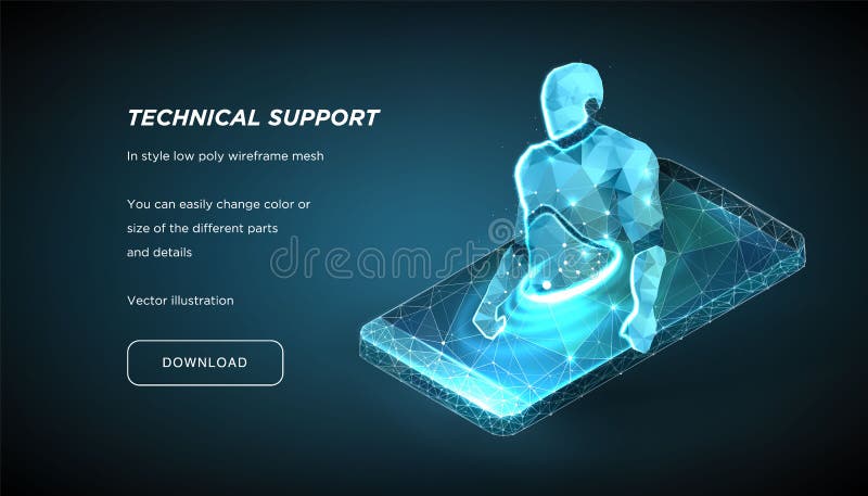 Robot of the low poly wireframe on dark background. Concept of online help or consultation. Chat bot. Education online. Vector 3d stock illustration